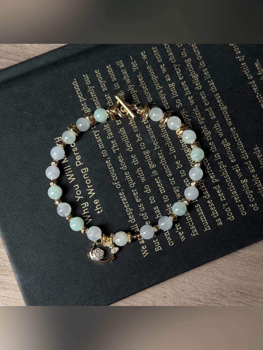 Natural Icy Jadeite Bracelet with Kitty Charm 6mm Beads